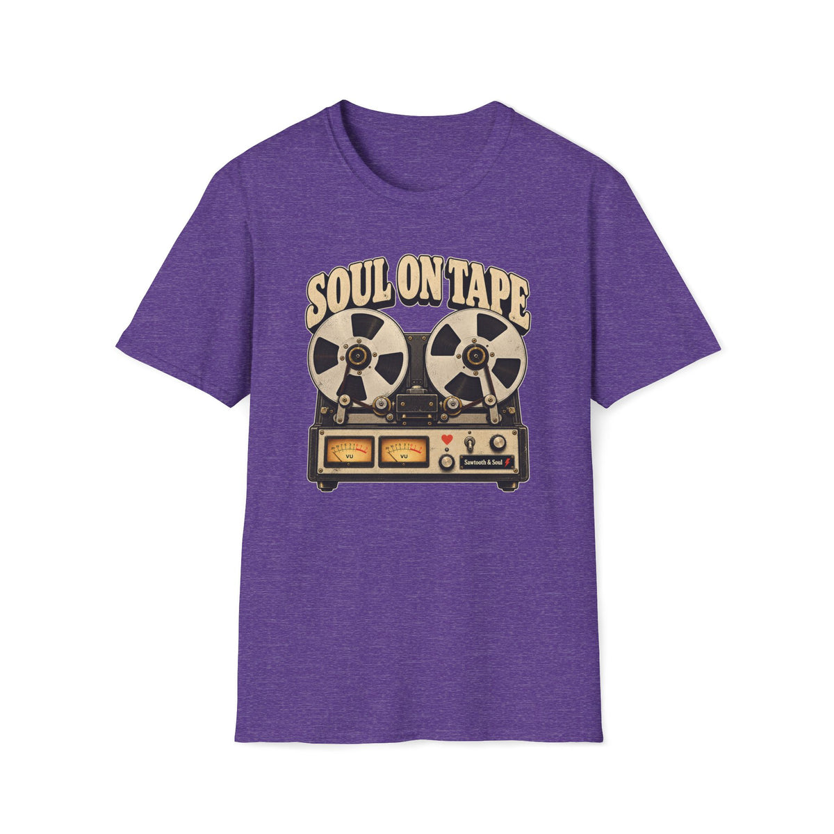 “Soul on Tape” T-shirt featuring a vintage reel-to-reel tape recorder with cream reels, twin gold VU meters, and a small red heart.