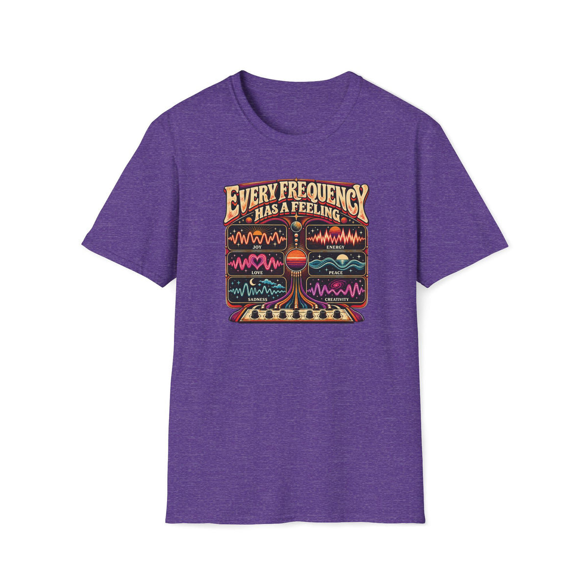 Heather purple Every Frequency Has a Feeling T-shirt with six colorful emotion waveforms above analog controls.