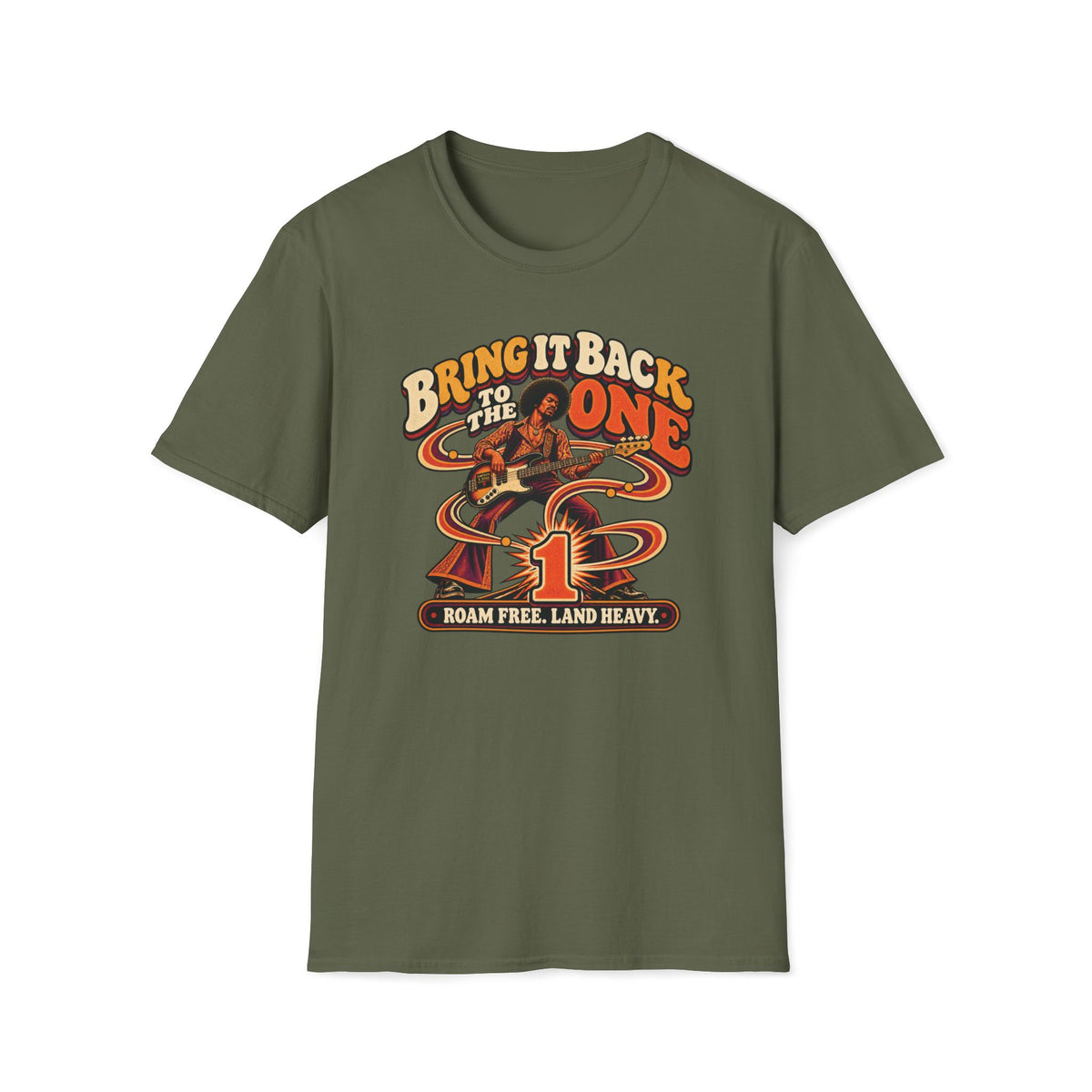Military green Bring It Back to the One T-shirt with a bass player, flowing ribbons, and a large number one.