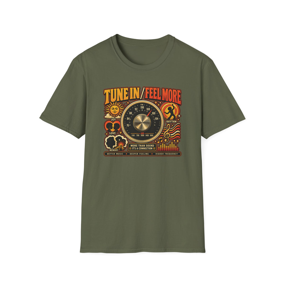 Military green Tune In Feel More T-shirt with a vintage radio dial and music-themed symbols.