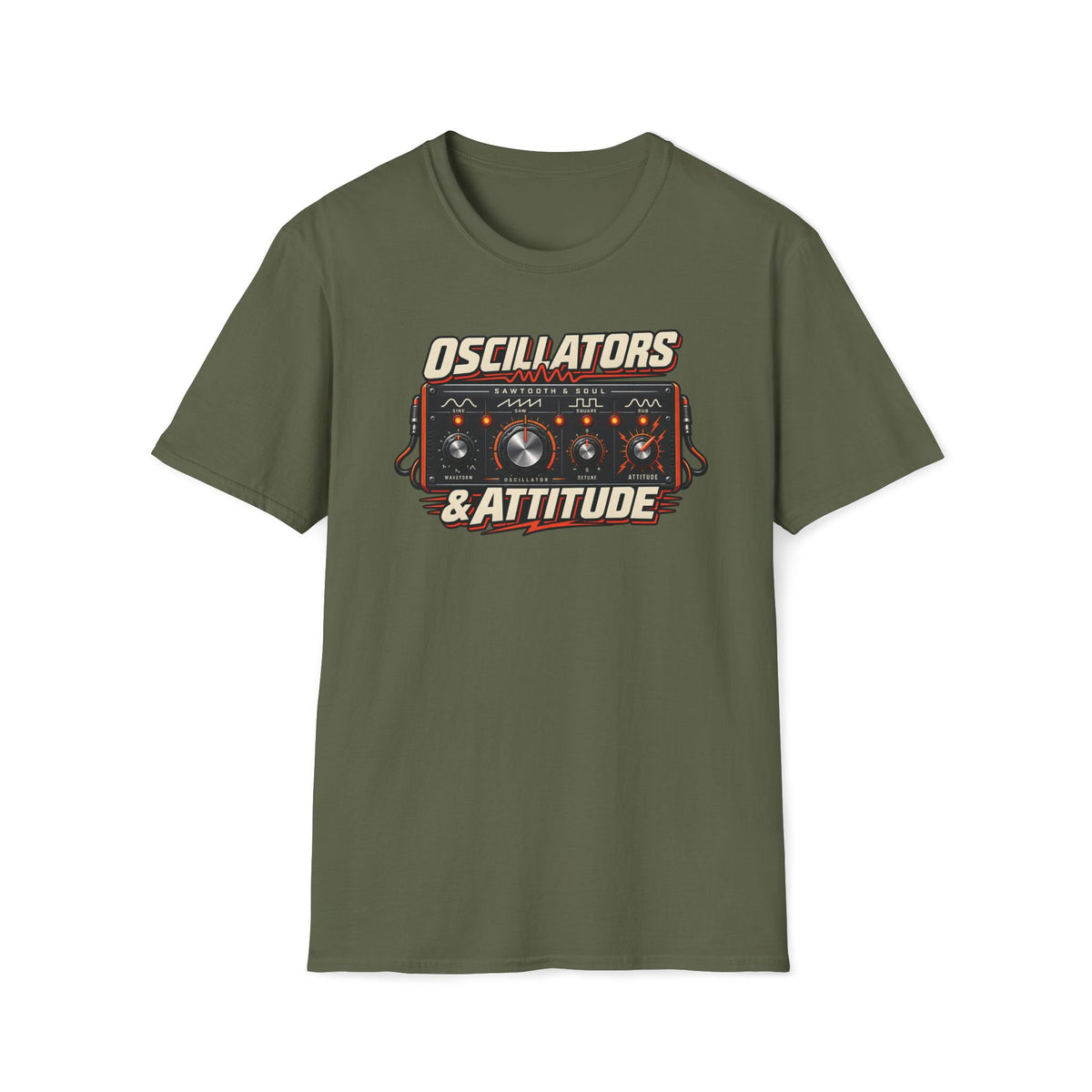 Military green Oscillators and Attitude T-shirt with a vintage synth panel with knobs and orange indicators.
