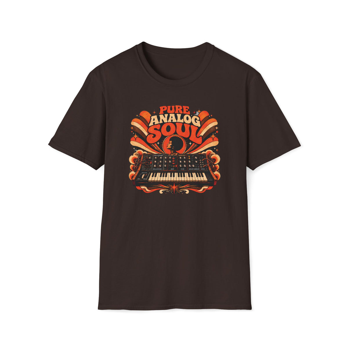 Dark brown Pure Analog Soul T-shirt with a vintage synthesizer, Afro portrait, and sunburst ribbons.