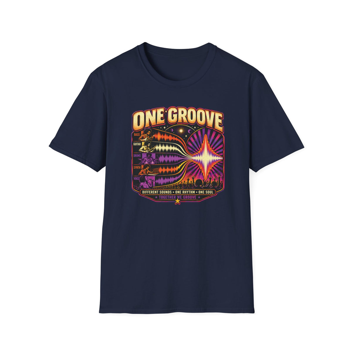Navy One Groove T-shirt with instrument waveforms merging into a shared pulse.