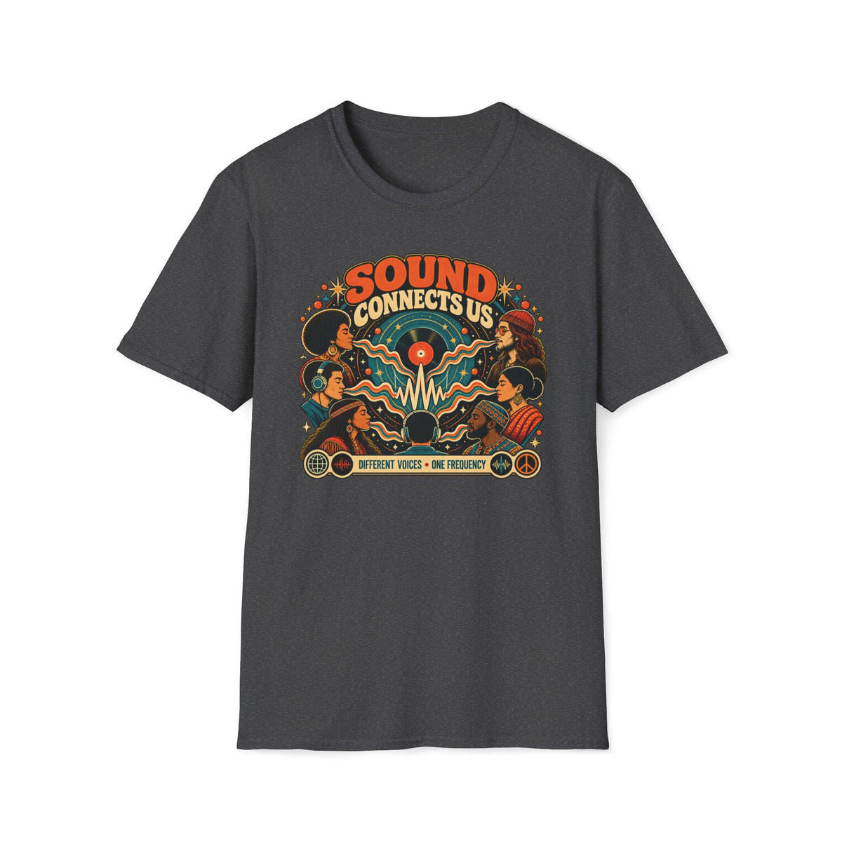 Dark heather gray Sound Connects Us T-shirt with people surrounding a vinyl record and sound waves.