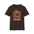 Dark brown High Soul Low Bass T-shirt with a woman with a raised arm and colorful flowing ribbons.