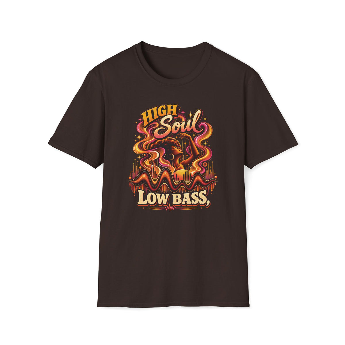 Dark brown High Soul Low Bass T-shirt with a woman with a raised arm and colorful flowing ribbons.