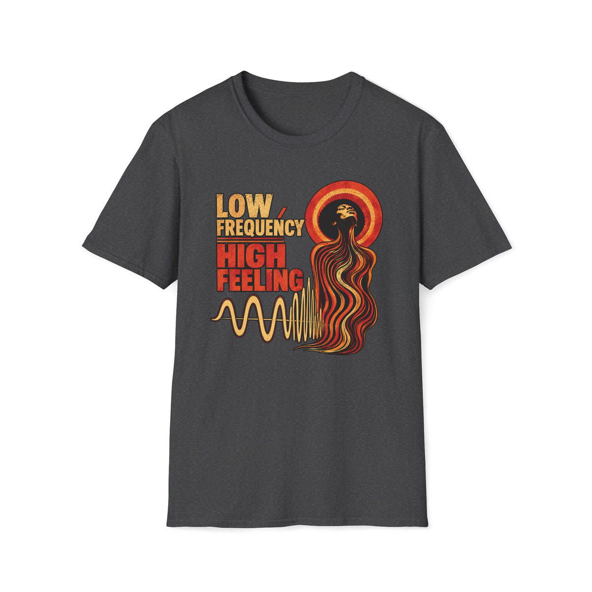 Dark heather gray Low Frequency High Feeling T-shirt with a soulful figure, halo, and gold waveform.