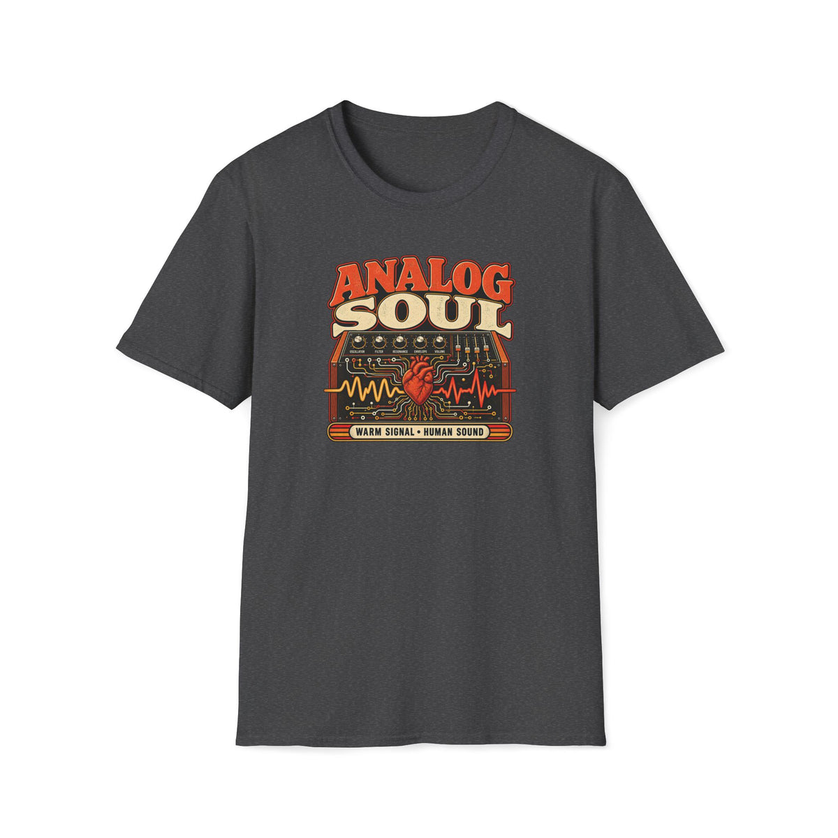 Dark heather gray Analog Soul T-shirt with a red heart within a synth control panel and circuitry.