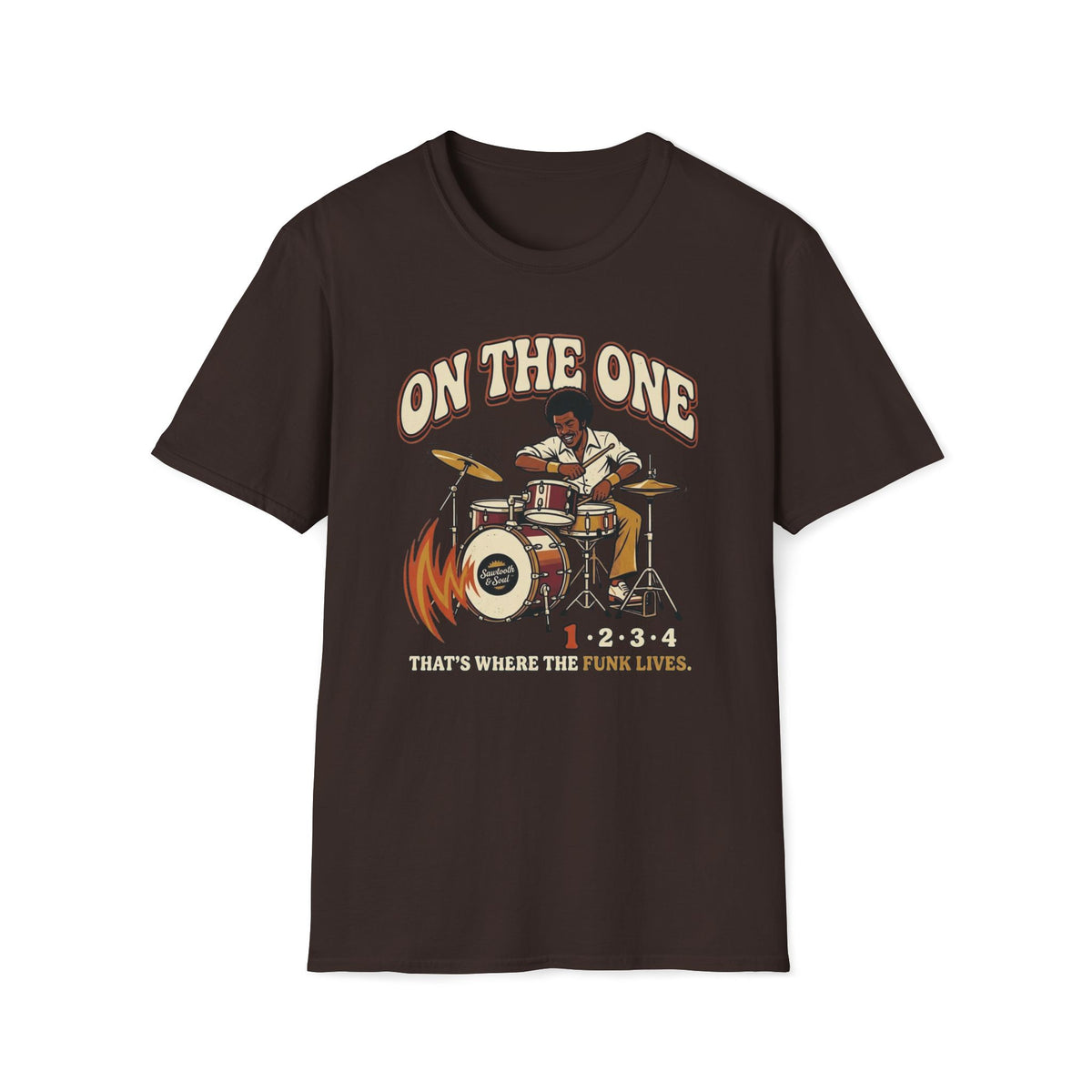 Dark brown On the One T-shirt with a drummer at a vintage kit with an accented first beat.