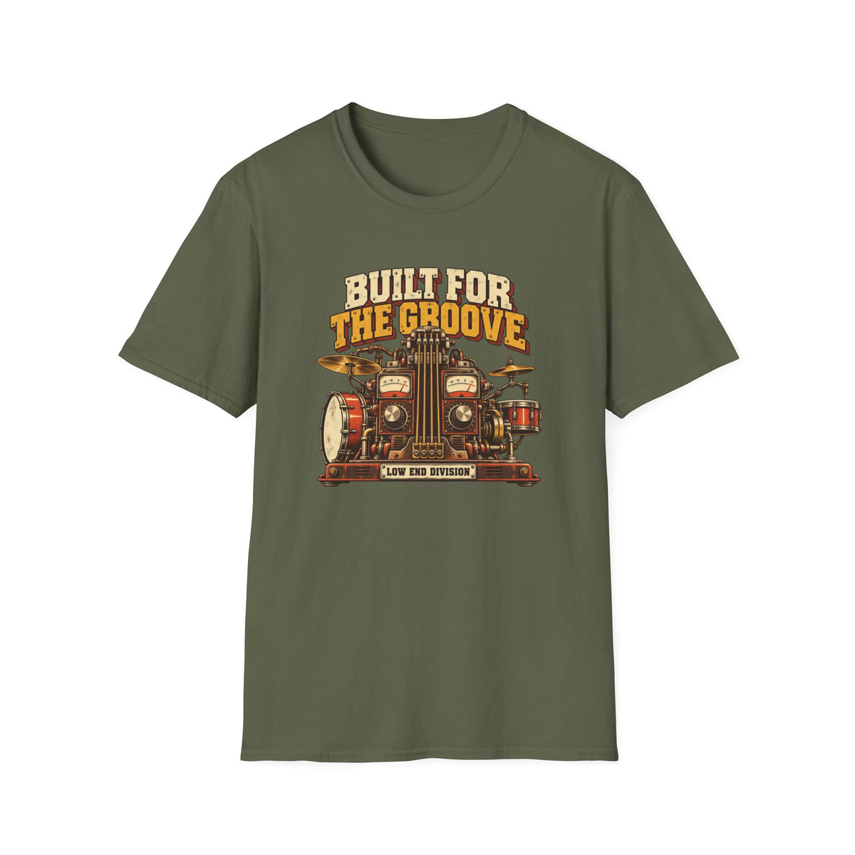 Military green Built for the Groove T-shirt with bass strings, drums, synth knobs, and analog meters.