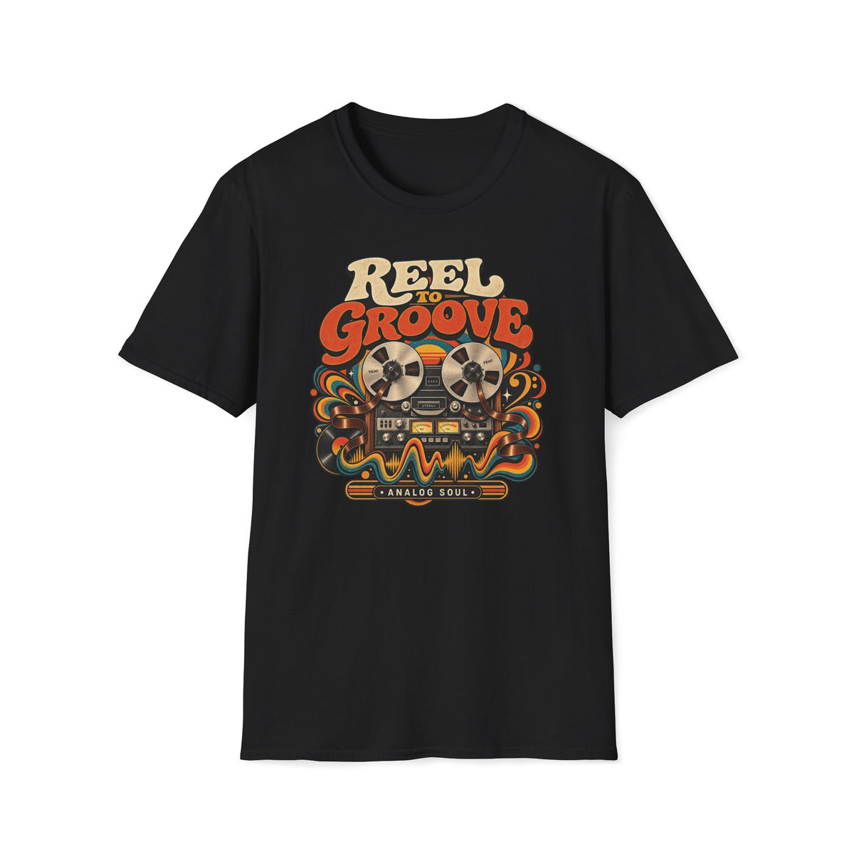 Black Reel to Groove T-shirt with a reel-to-reel recorder with flowing tape and waves.