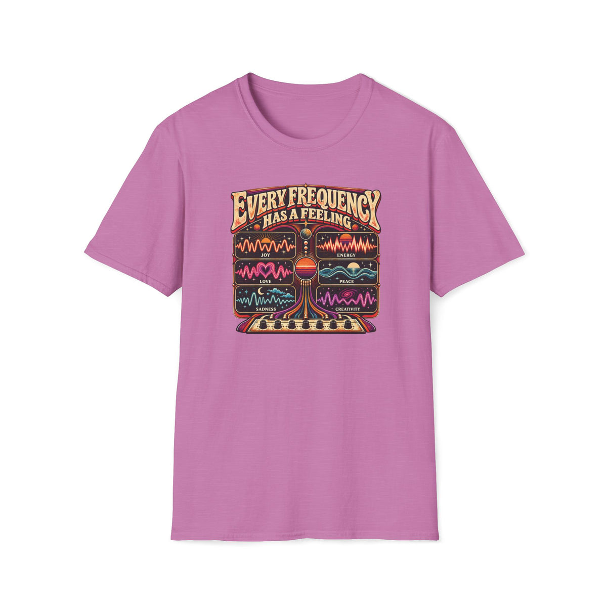 Heather radiant orchid Every Frequency Has a Feeling T-shirt with six colorful emotion waveforms above analog controls.