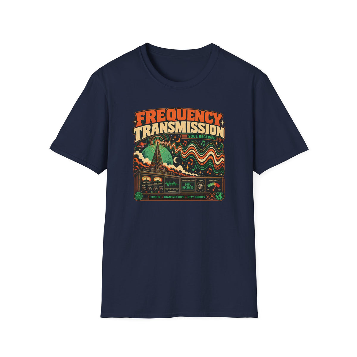 Navy Frequency Transmission T-shirt with a radio tower, waveforms, and vintage audio controls.