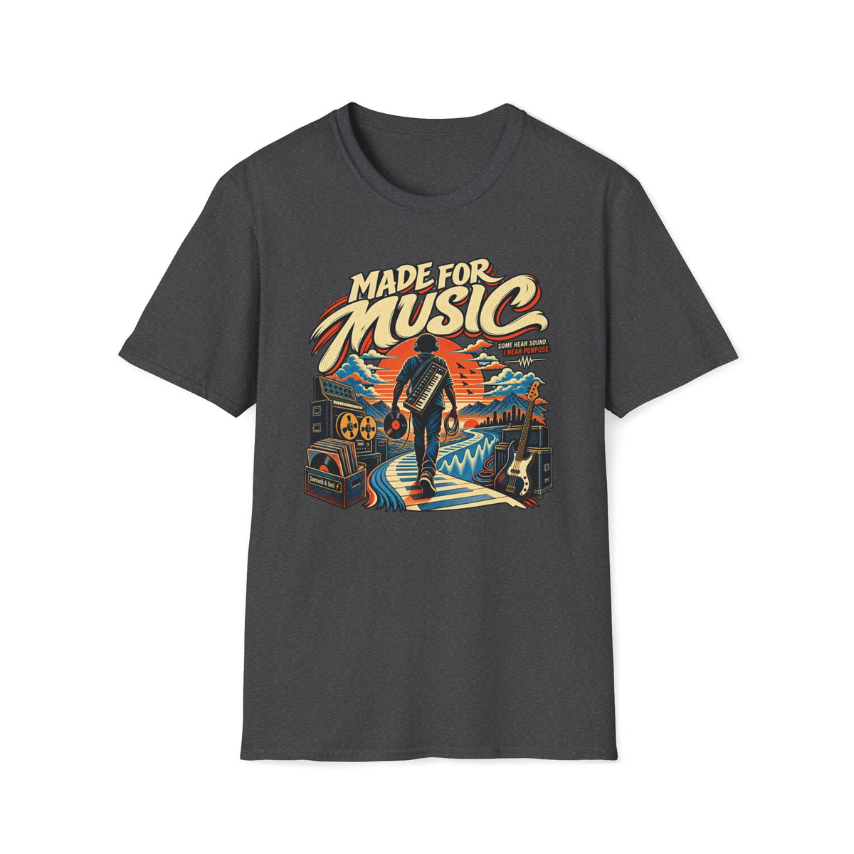 Dark heather gray Made for Music T-shirt with a musician following a piano-key path toward a sunset.