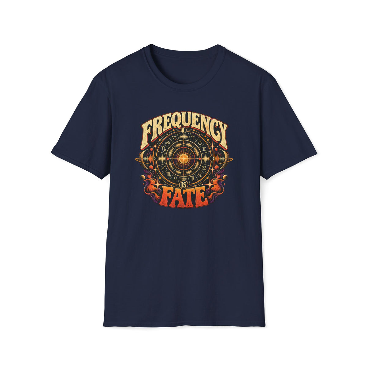 Navy Frequency Is Fate T-shirt with a sun-centered zodiac wheel, planets, and waveforms.