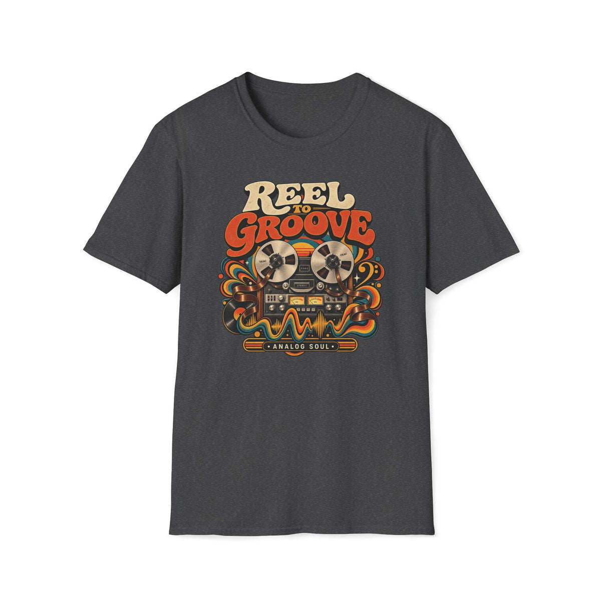 Dark heather gray Reel to Groove T-shirt with a reel-to-reel recorder with flowing tape and waves.