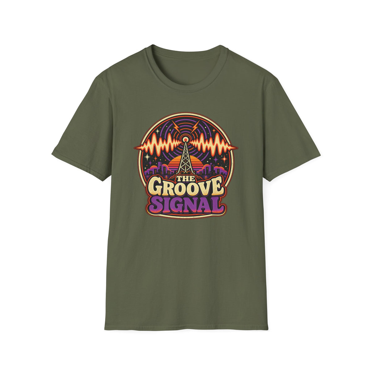 Military green The Groove Signal T-shirt with a radio tower, city skyline, and sound waves.
