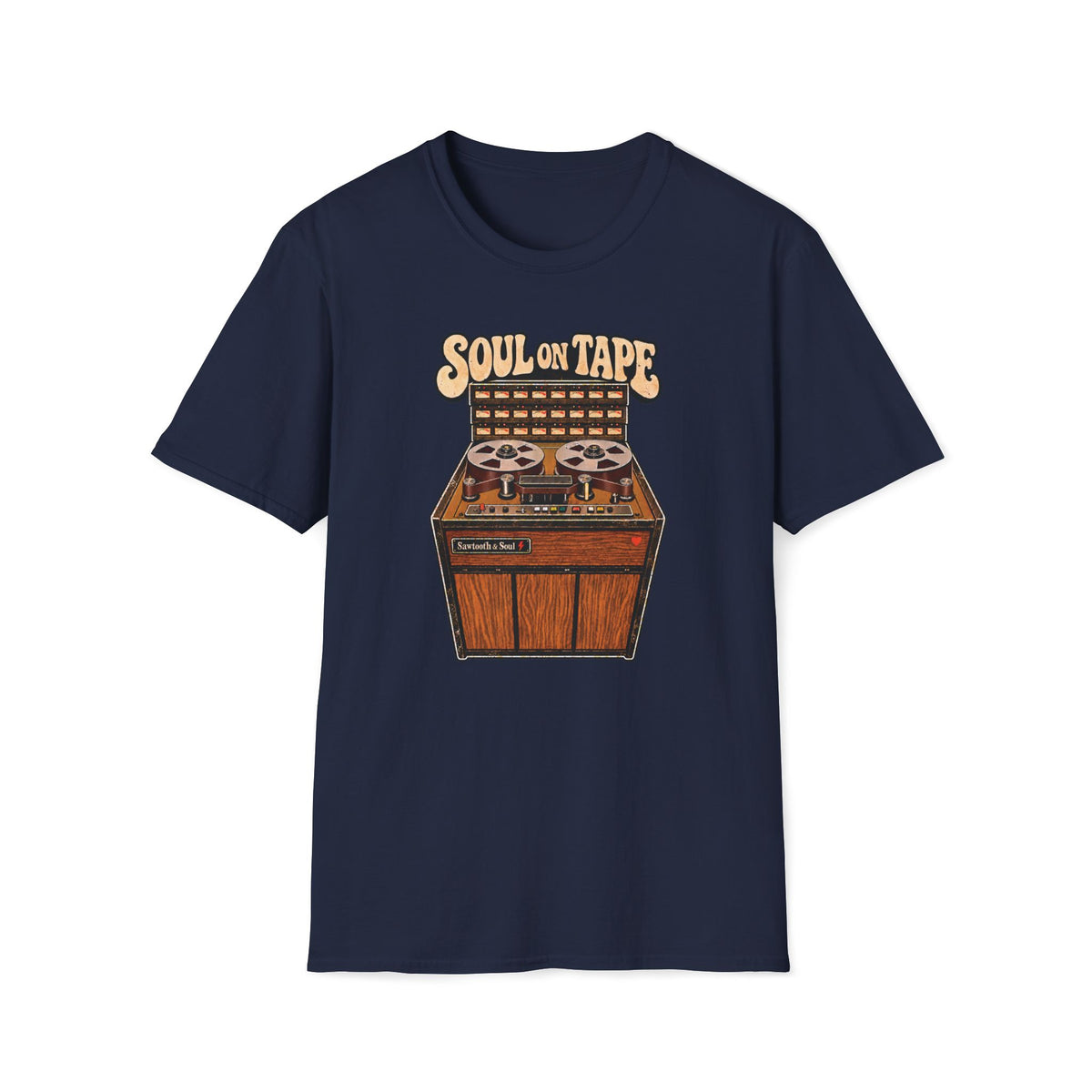 “Soul on Tape” T-shirt featuring a vintage multitrack tape machine with twin reels, a meter bank, woodgrain cabinet, and a small red heart.