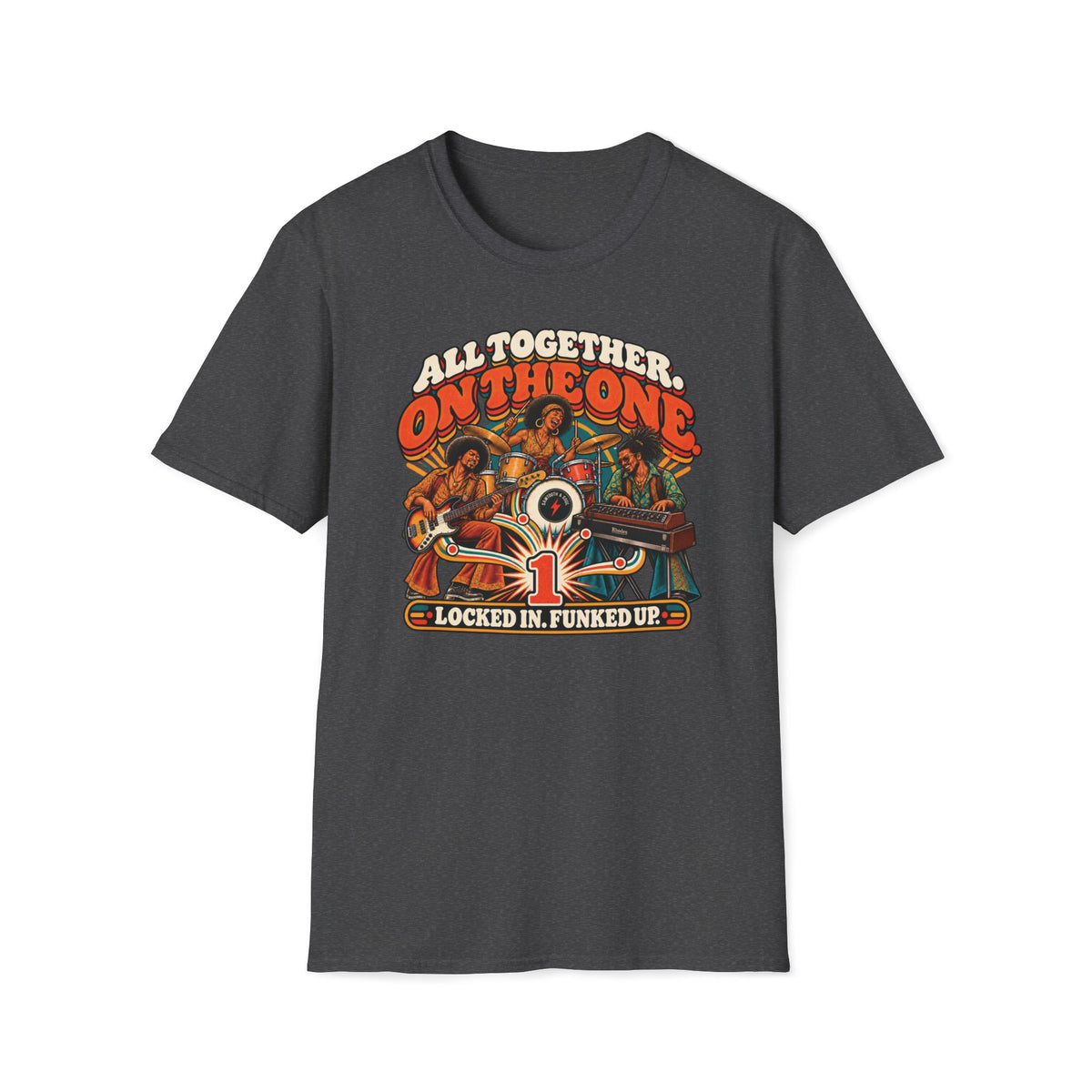 Dark heather gray All Together on the One T-shirt with a bassist, drummer, and synth player above a large one.