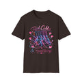 Dark brown Neon Patch Cables & Heartstrings T-shirt with a synthesizer with pink and blue heart-shaped cables.