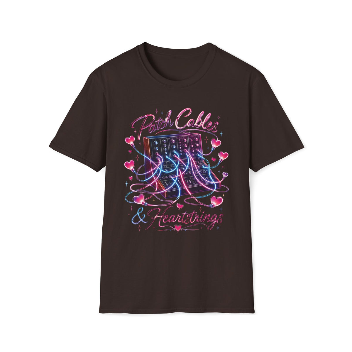 Dark brown Neon Patch Cables & Heartstrings T-shirt with a synthesizer with pink and blue heart-shaped cables.