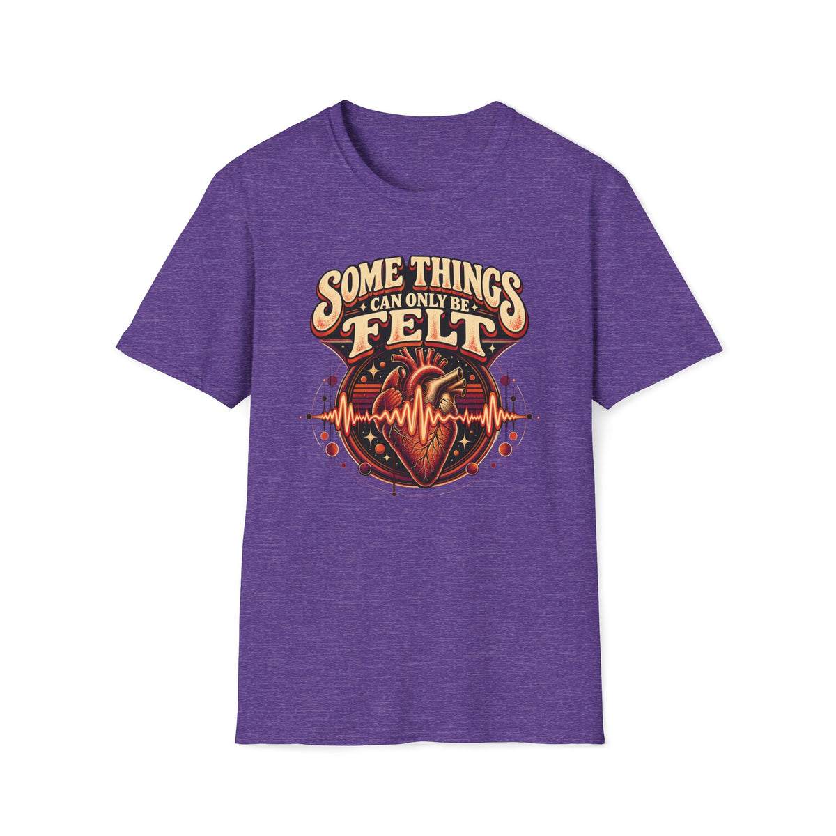 Heather purple Some Things Can Only Be Felt T-shirt with an anatomical heart crossed by an audio waveform.