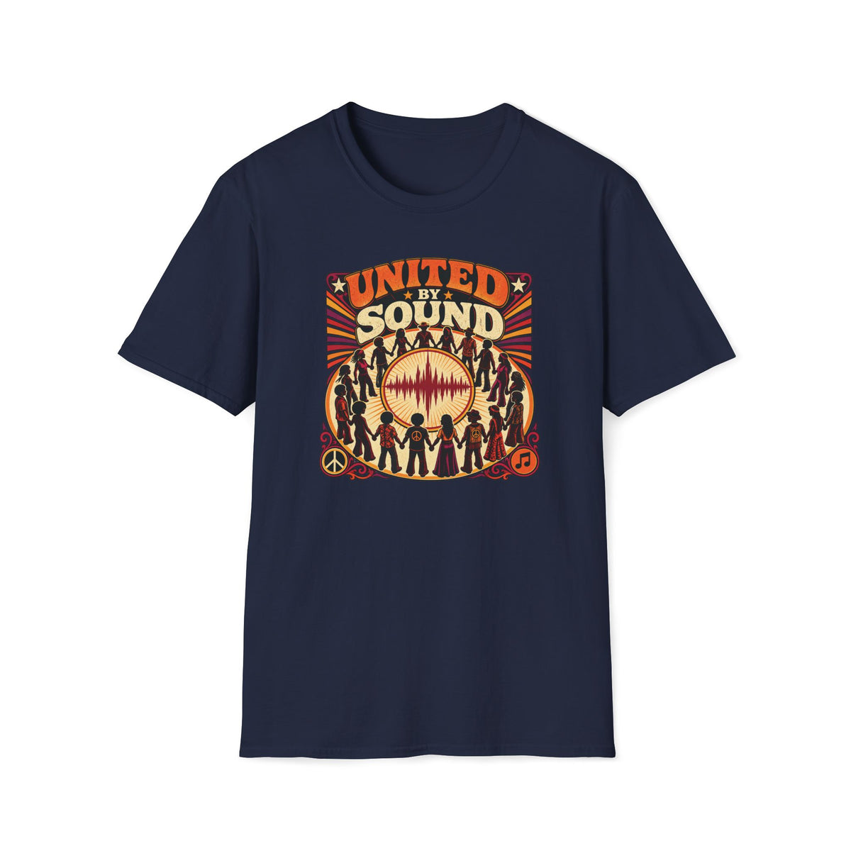 Navy United by Sound T-shirt with people holding hands around a waveform and peace symbol.