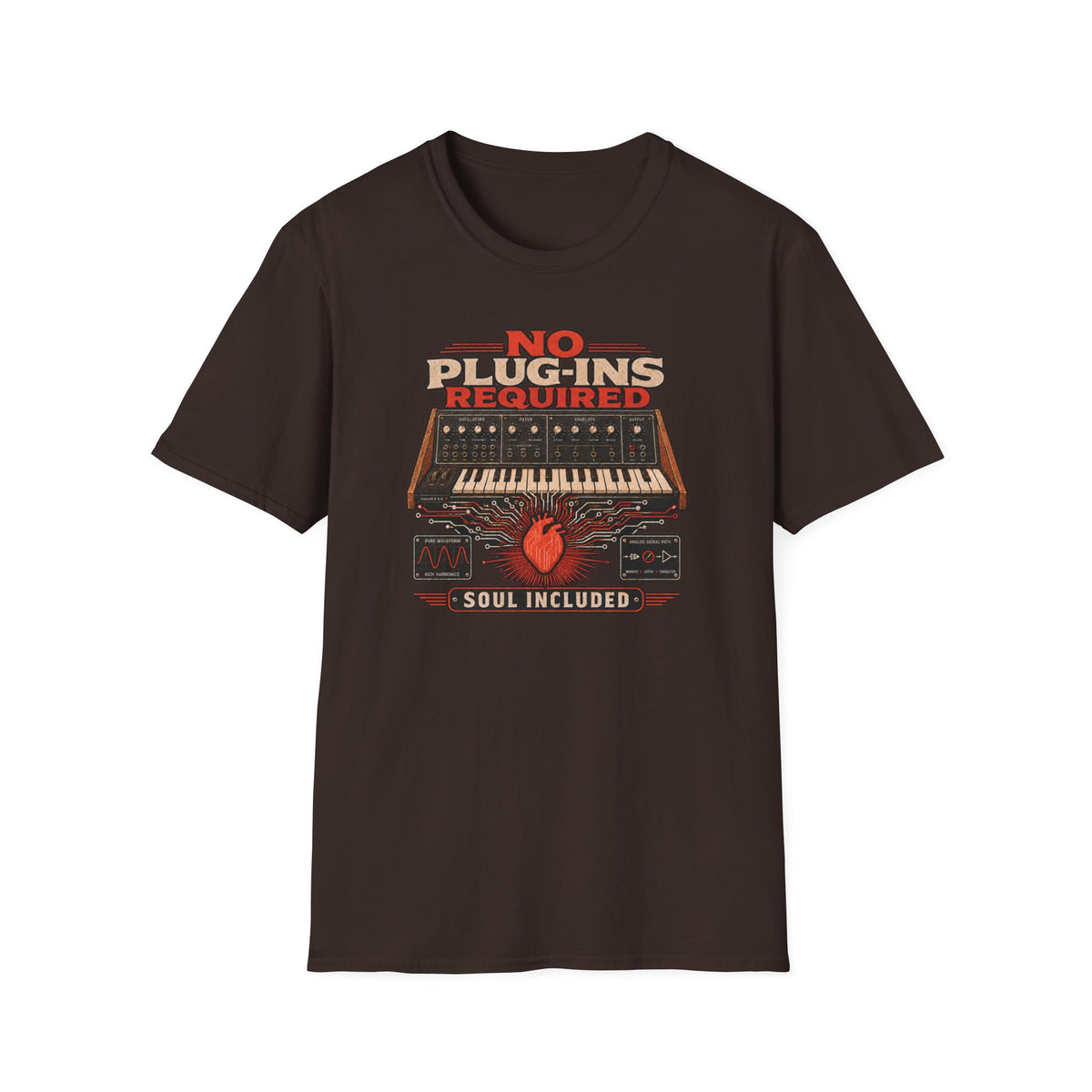 Dark Chocolate No Plug-Ins Required T-shirt with vintage analog synthesizer, heart circuitry, and Soul Included artwork