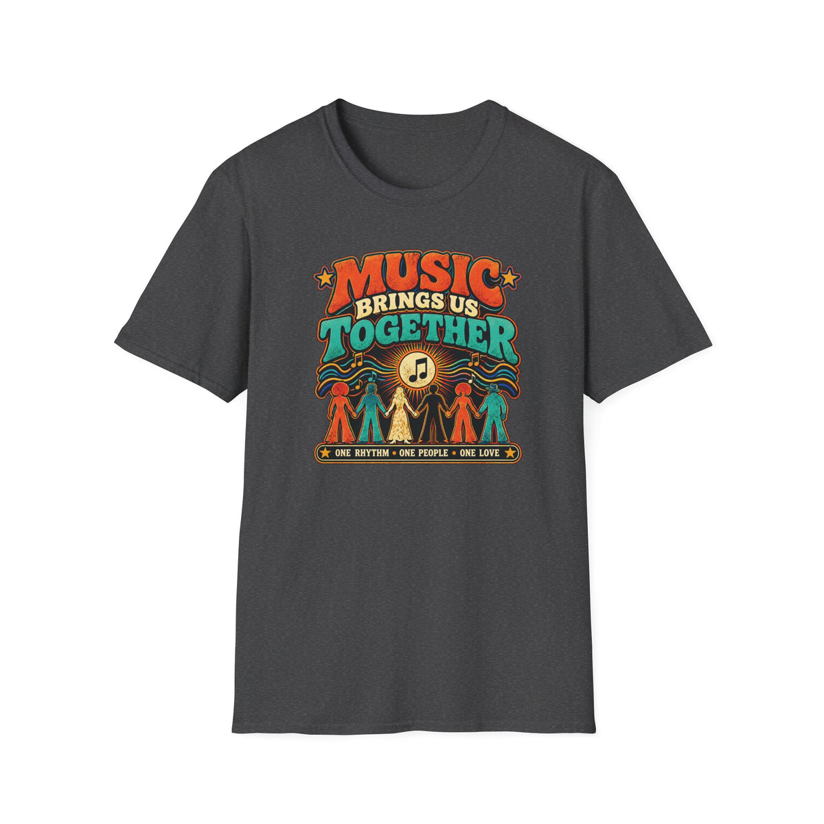Dark heather gray Music Brings Us Together T-shirt with a musical note and people holding hands.