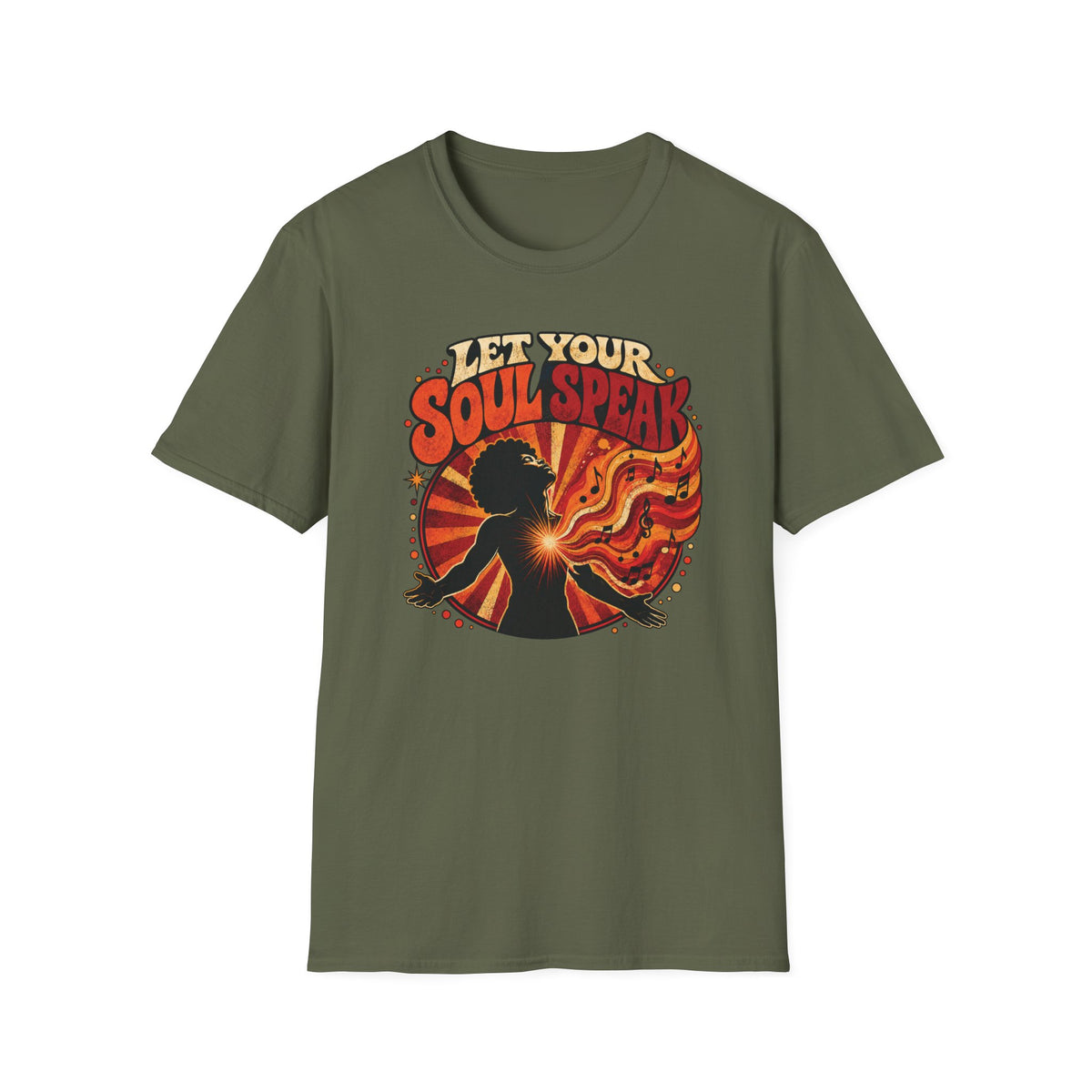 Military green Let Your Soul Speak T-shirt with a silhouette with a radiant heart and musical notes.
