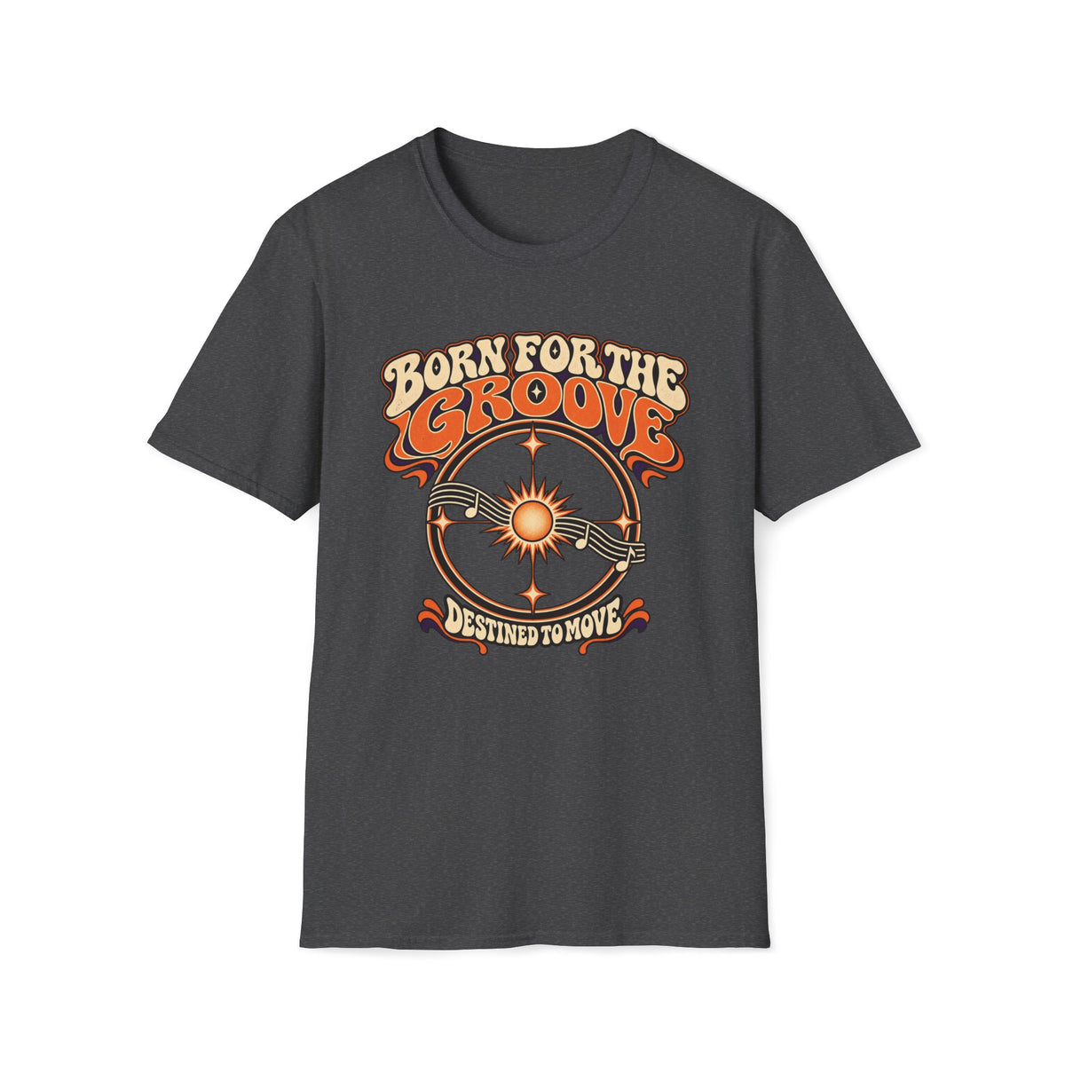Dark heather gray Born for the Groove T-shirt with a radiant sun, orbit rings, and a musical staff.