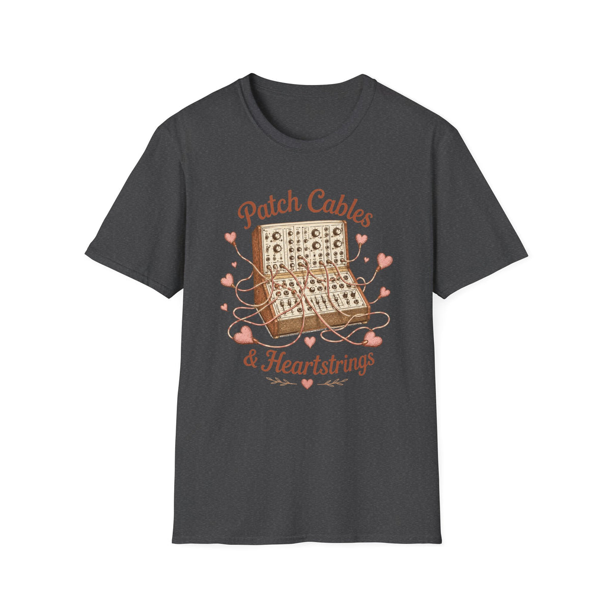 Dark heather gray Patch Cables & Heartstrings T-shirt with a modular synthesizer wrapped in heart-shaped cables.