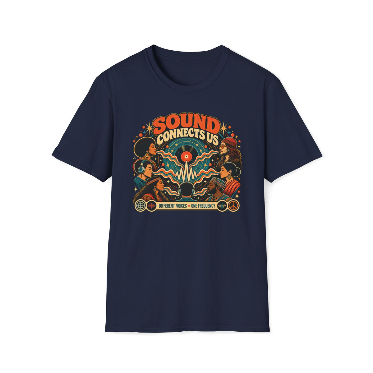 Navy Sound Connects Us T-shirt with people surrounding a vinyl record and sound waves.