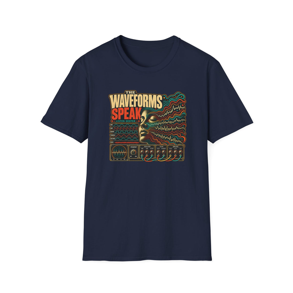 Navy The Waveforms Speak T-shirt with a portrait, sound waves, and synthesizer controls.