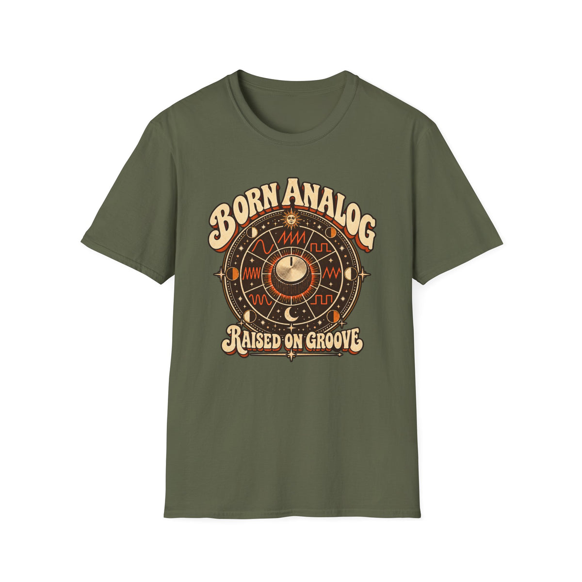 Military green Born Analog T-shirt with a control knob, waveforms, and cosmic symbols.