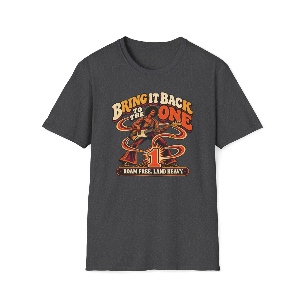 Dark heather gray Bring It Back to the One T-shirt with a bass player, flowing ribbons, and a large number one.