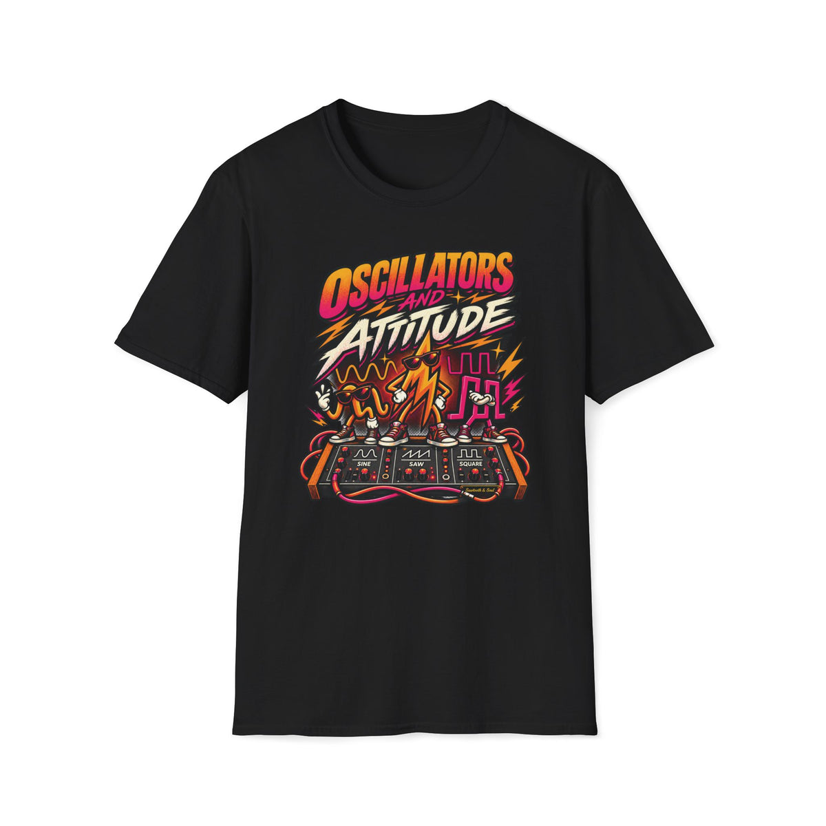 Black Oscillators and Attitude T-shirt with sine, saw, and square wave characters on a synth panel.