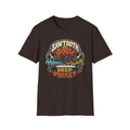 Dark brown Deep in the Pocket T-shirt with a synthesizer, records, and electric waveforms.