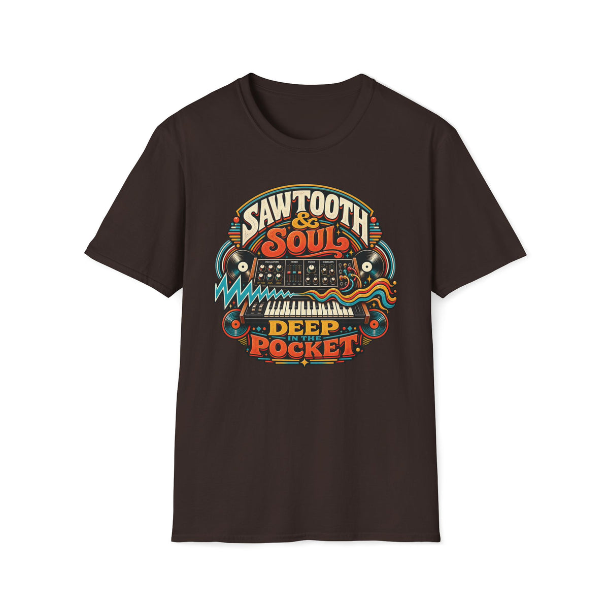 Dark brown Deep in the Pocket T-shirt with a synthesizer, records, and electric waveforms.