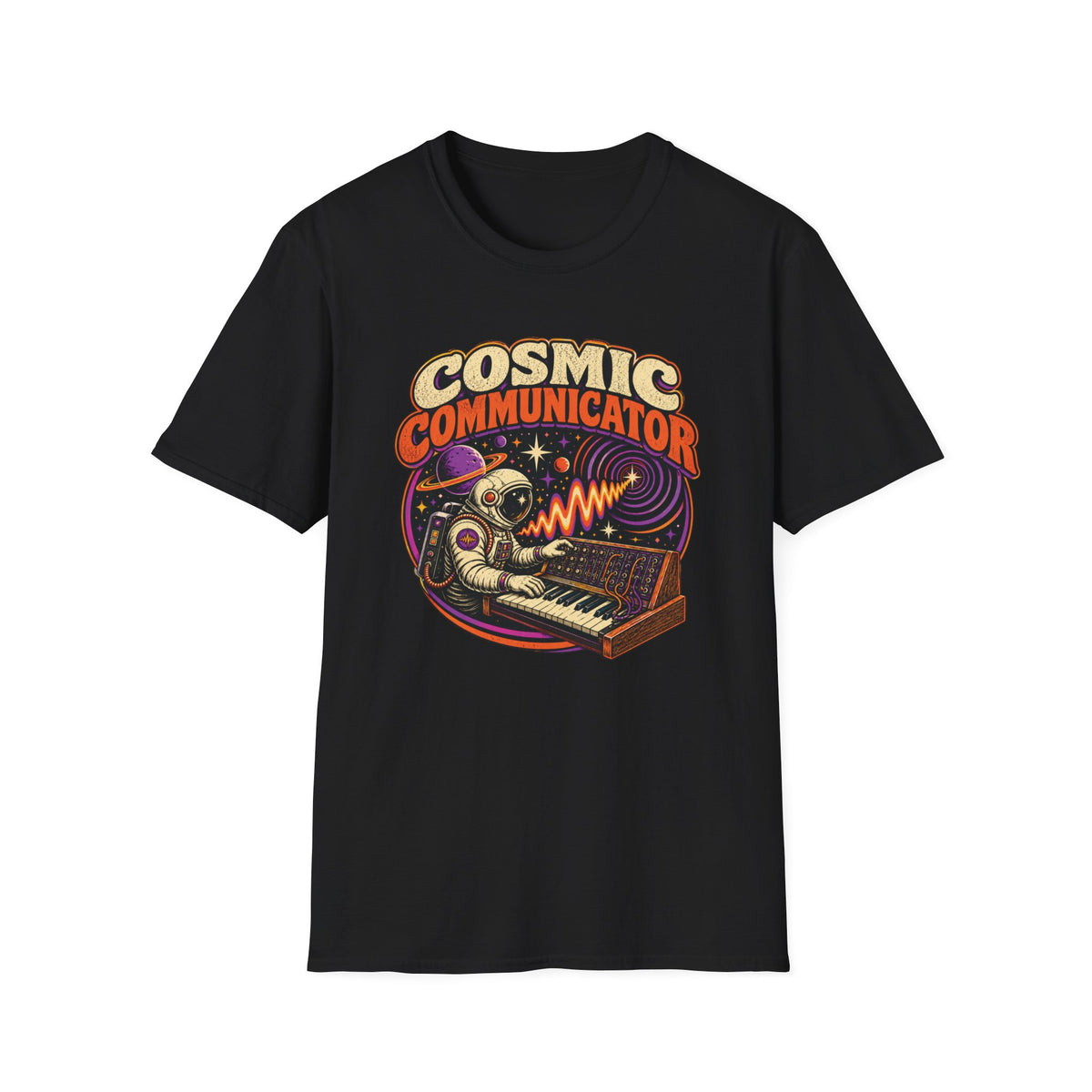 Black Cosmic Communicator T-shirt with an astronaut playing a synthesizer among planets.