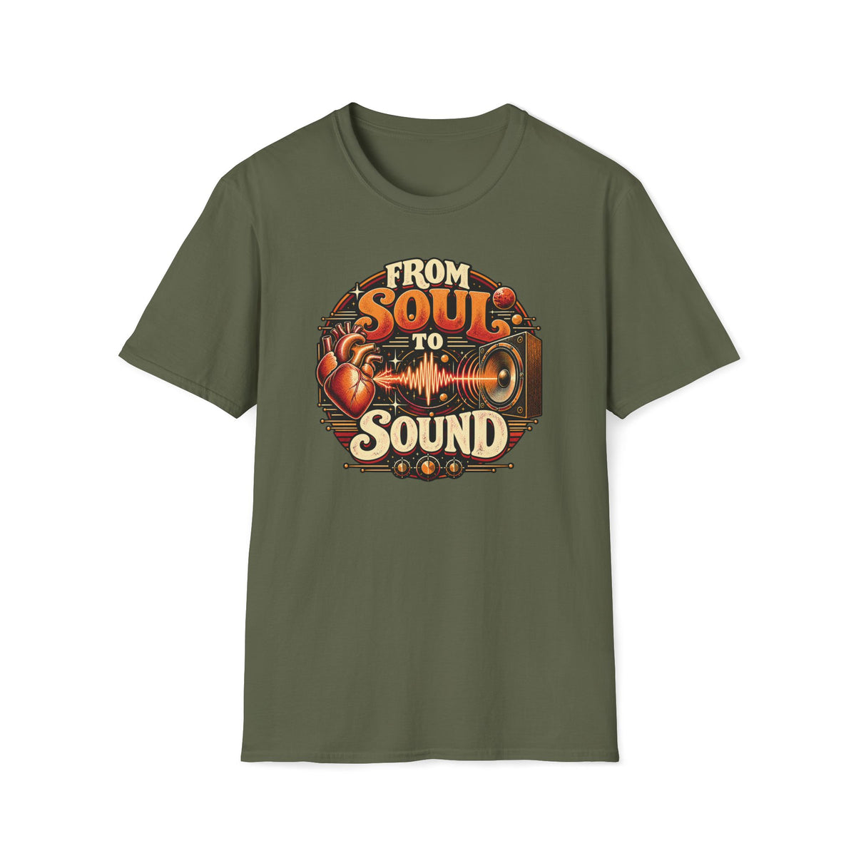 Military green From Soul to Sound T-shirt with a heart linked by a waveform to a vintage speaker.