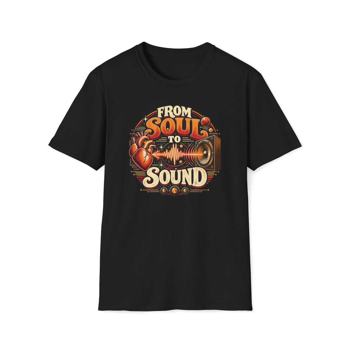 Black From Soul to Sound T-shirt with a heart linked by a waveform to a vintage speaker.