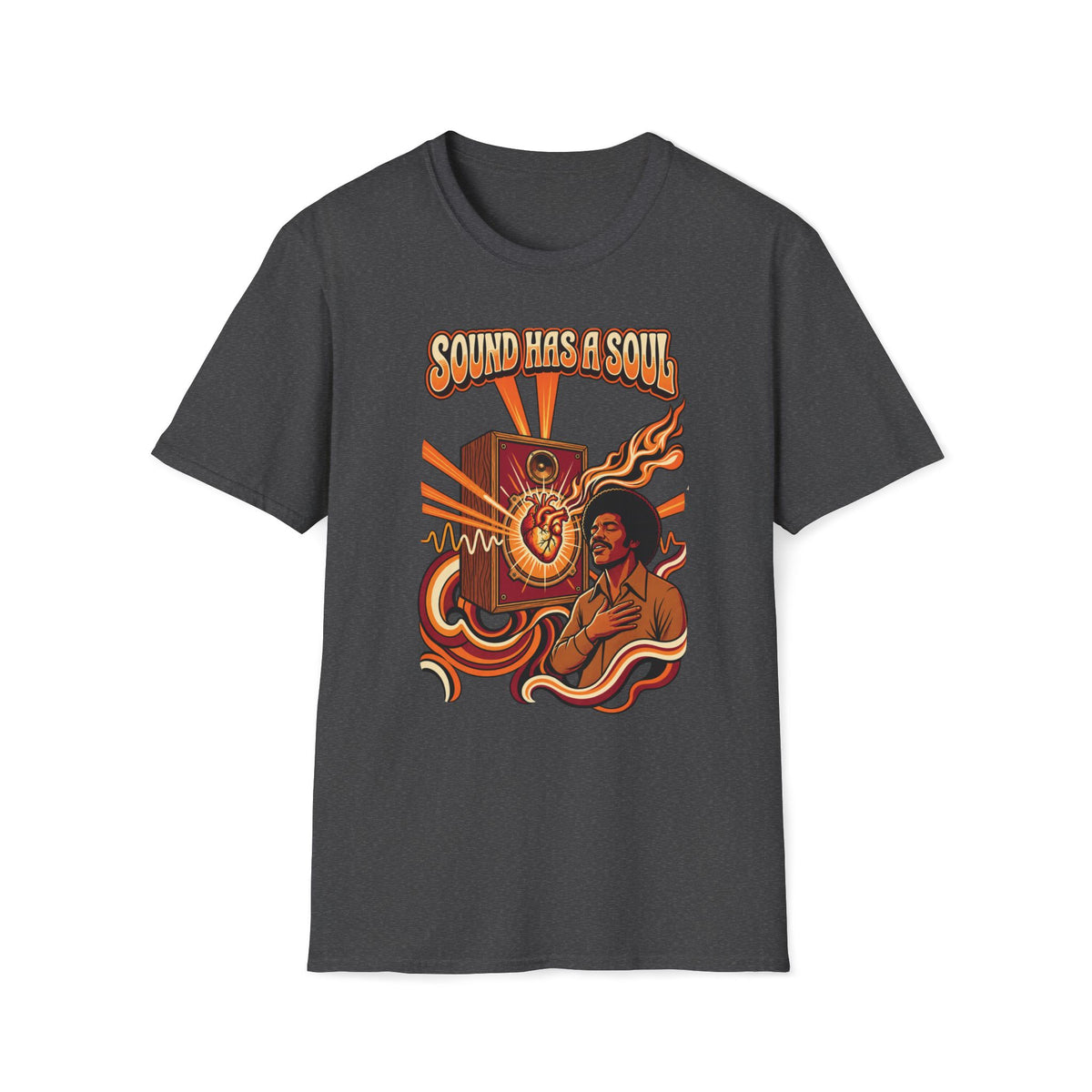 Dark heather gray Sound Has a Soul T-shirt with a speaker, heart, musician, and flowing sound waves.