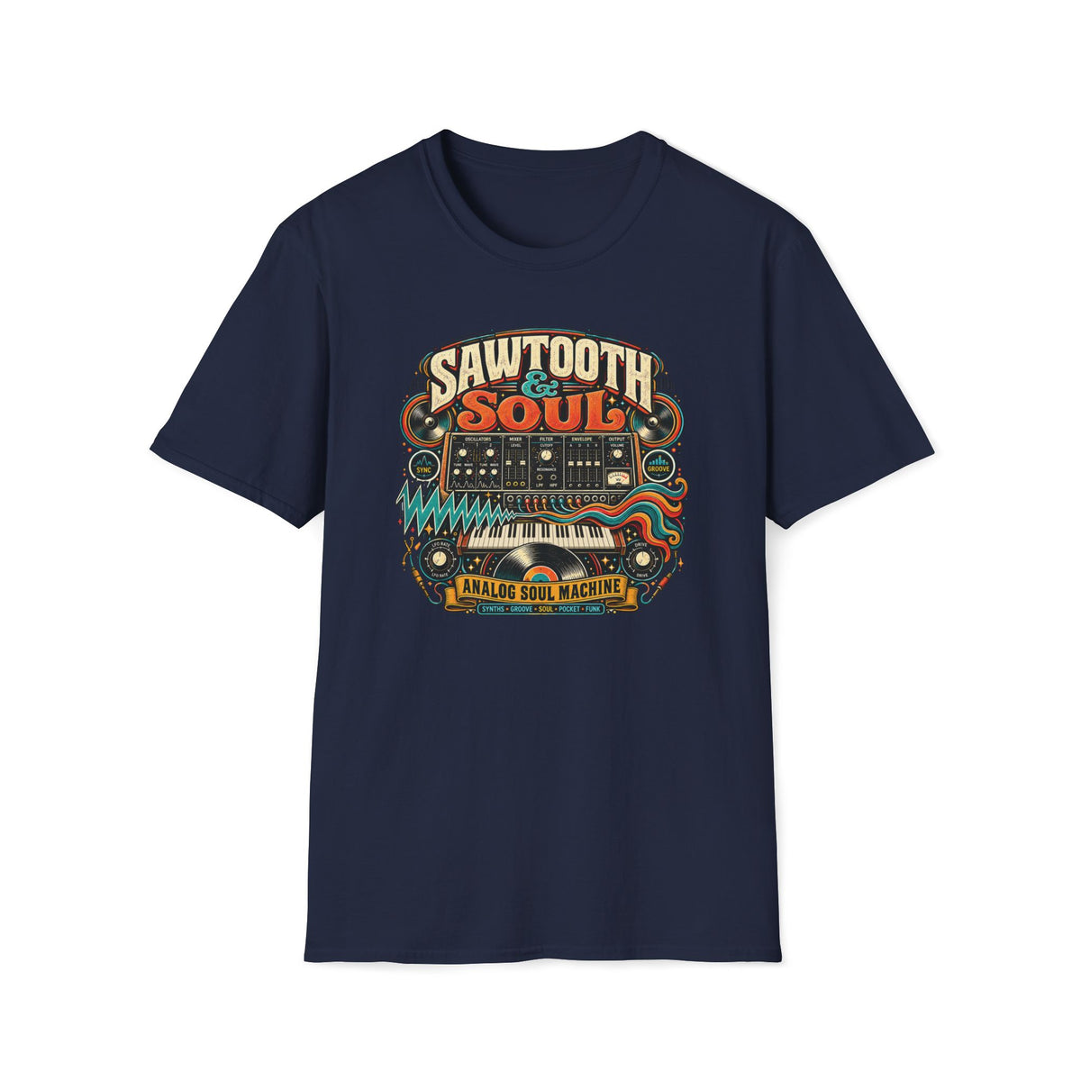 Navy Sawtooth & Soul T-shirt featuring retro synthesizer controls, a keyboard, vinyl record, colorful waveforms, and “Analog Soul Machine” lettering.