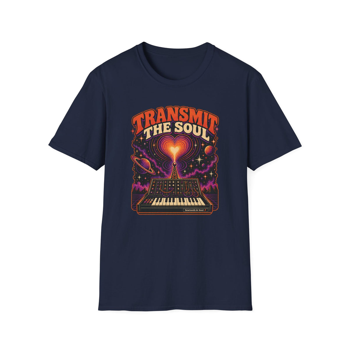 Navy Transmit the Soul T-shirt with vintage synthesizer, glowing heart signal, broadcast tower, planets, and stars