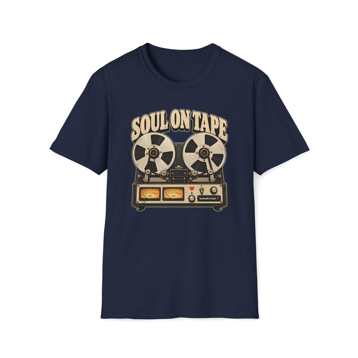 “Soul on Tape” T-shirt featuring a vintage reel-to-reel tape recorder with cream reels, twin gold VU meters, and a small red heart.