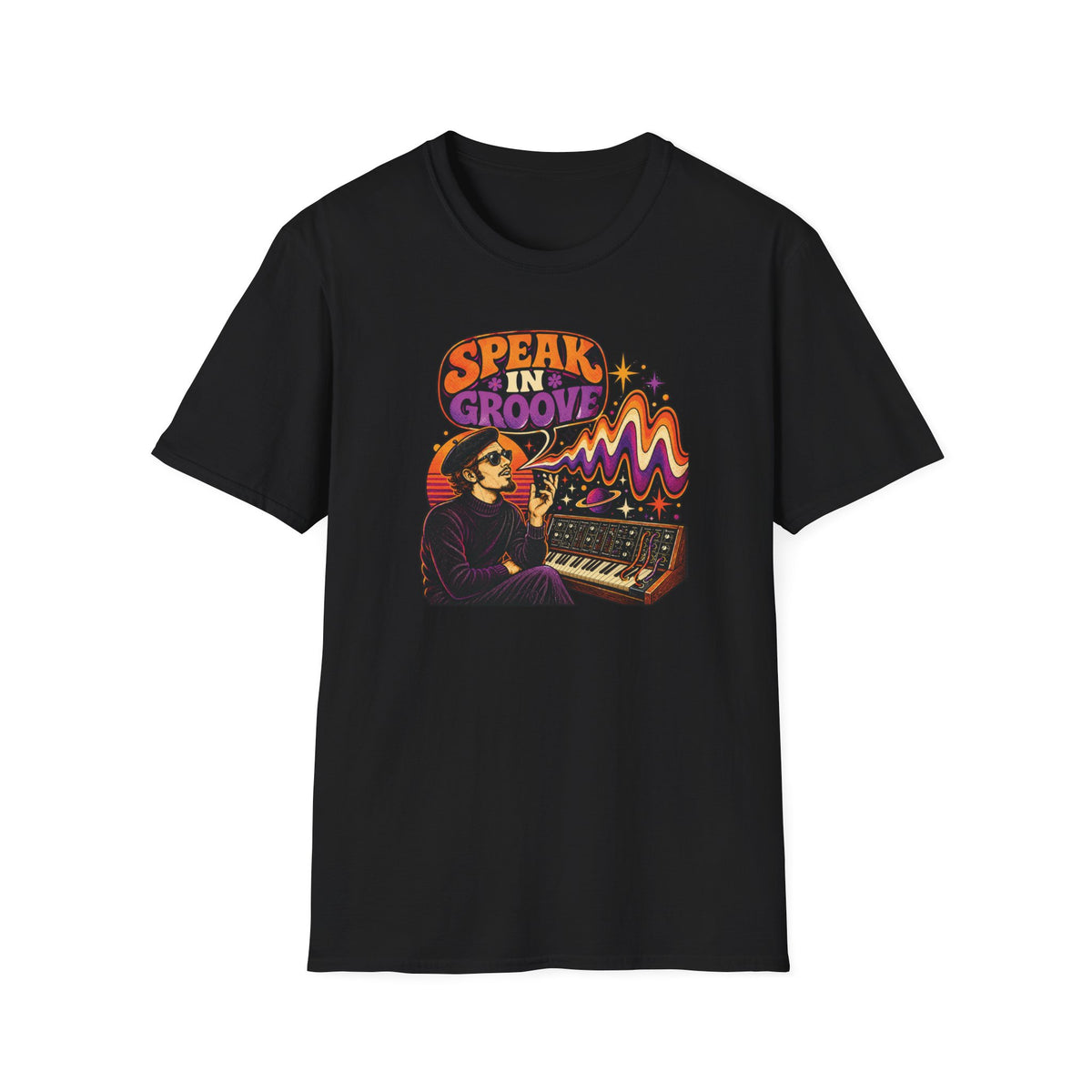 Speak in Groove beatnik synth graphic T-shirt in Dark Chocolate