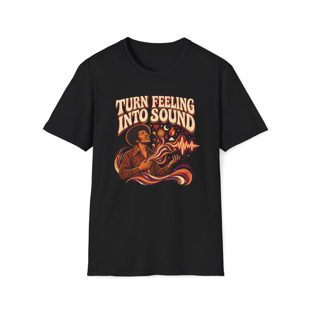 Black Turn Feeling Into Sound T-shirt with a soulful figure surrounded by colorful sound waves.