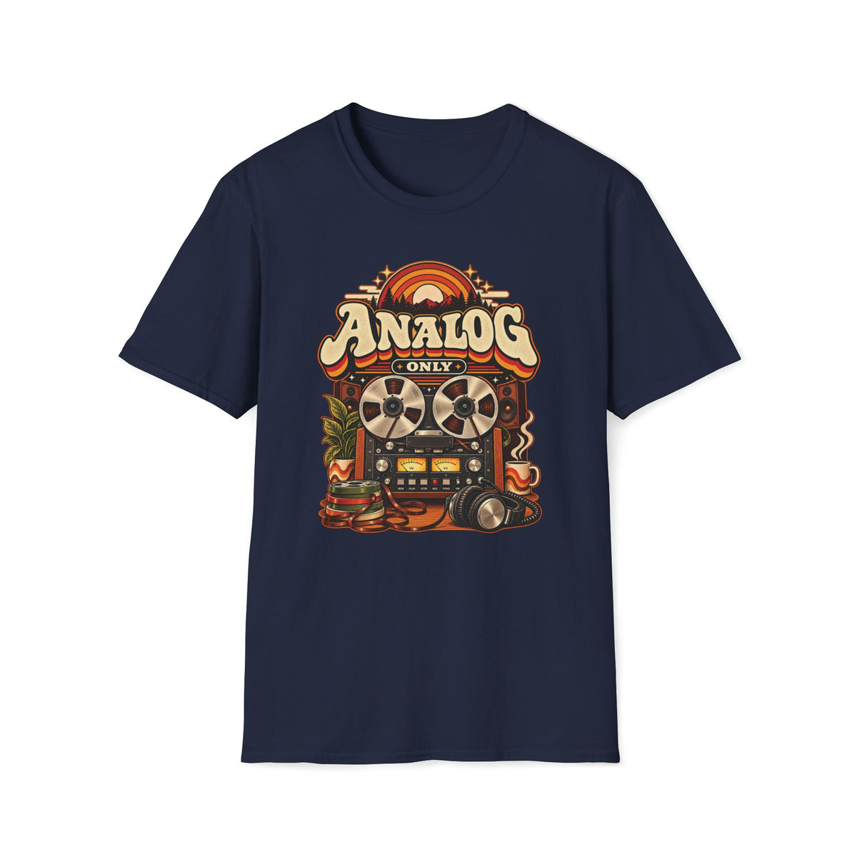 Navy Analog Only T-shirt with a reel-to-reel recorder, speakers, headphones, and coffee.