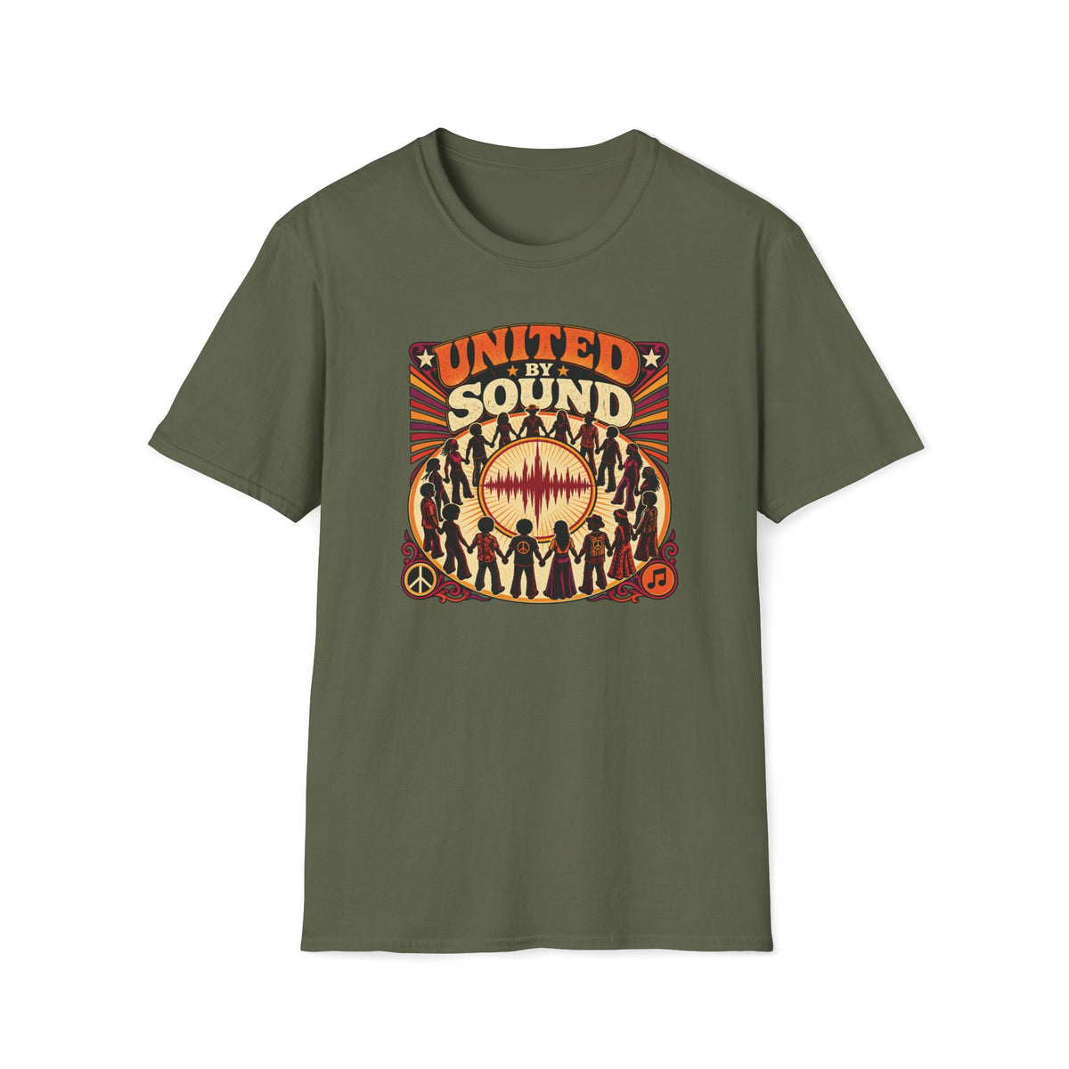 Military green United by Sound T-shirt with people holding hands around a waveform and peace symbol.